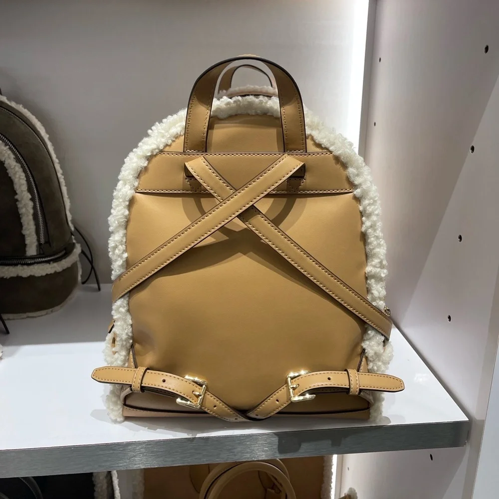 MICHAEL KORS Rhea Medium Suede and Faux Shearling Backpack Peanut  NWT